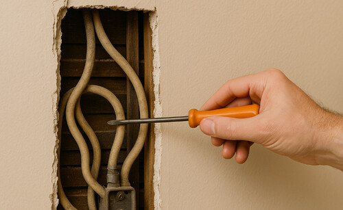 Outdated electrical wiring inside wall.
