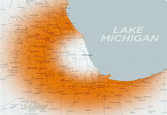 Map of the Precision Today service area shaded in orange across the greater Chicago region west of Lake Michigan