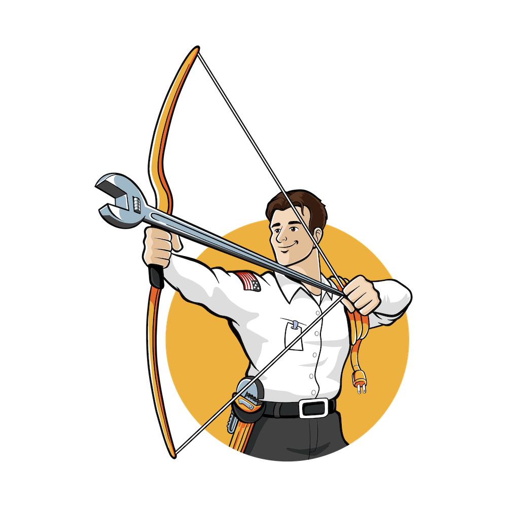 Precision Today mascot: a cartoon technician in a white shirt drawing back a bow made from a wrench